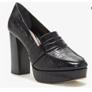 Women Chunky Heel Leather Loafer,Stylish Square Toe High Heel Loafer Shoes BLack